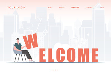 Obraz na płótnie Canvas Welcome landing page. A man sits and holds the letter W in his hands. The initial page for the site. Trend style character. Vector illustration.