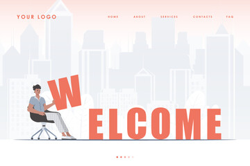 Obraz na płótnie Canvas Welcome landing page. A man sits and holds the letter W in his hands. The start page of the site. trendy style. Vector illustration.