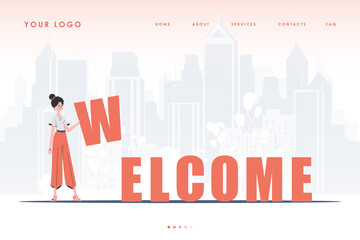 Obraz na płótnie Canvas Welcome landing page. The girl stands and holds the letter W in her hands. The start page of the site. Trendy flat style. Vector illustration.