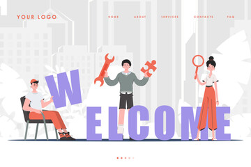 Welcome Landing Page Diverse Team of People Website Start Page. trendy style. Vector.
