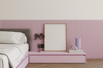 Frame mockup, minimalist pink bedroom closeup, headboard with decor pink wall,dried flowers, bedside cabinet, decoration. 3d render