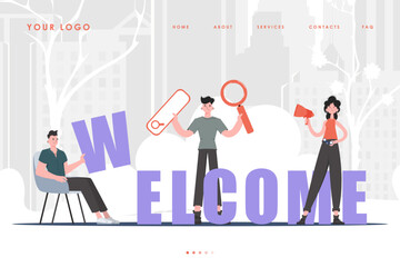 Welcome Landing Page Diverse Team of People Website Start Page. Trendy character style. Vector.