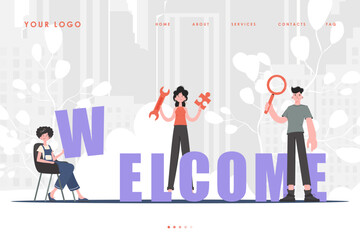 Welcome Landing Page Diverse Team of People Home page for website. Cartoon character style. Previous illustration.