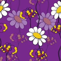 Foto op Canvas Seamless floral pattern based on traditional folk art ornaments. Colorful chamomile, daisy flowers on color background. Doodle style. Vector illustration. Simple minimalistic pattern © Alla