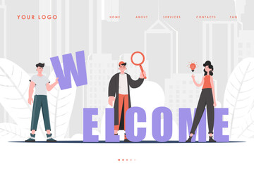 Welcome Landing Page Diverse Team of People Home page for your website. Trendy flat style. Previous illustration.