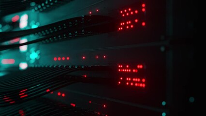 Close-up view of modern internet network switch with plugged ethernet cables. Blinking lights on internet server. Concept of big data center mining. Cloud computing and telecommunications