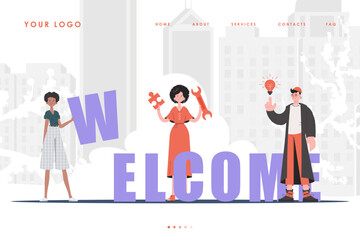 Welcome Landing Page Diverse Team of People Home page for your website. Trendy character style. Vector.