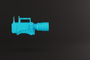 A blue film camera on a pastel dark background. Concept of filming, making movies. 3d rendering, 3d illustration.