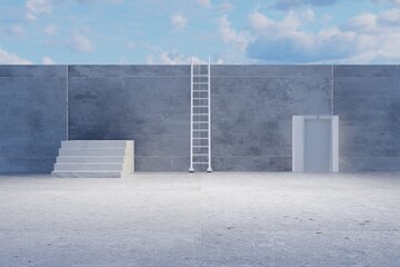Wall with stairs, ladder and elevator. Business concept, climbing to success, achieving success. Difficulty in achieving success. 3d render, 3d illustration.