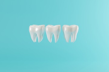 Teeth models on a pastel blue background. Concept of caring for the teeth, checkup at the dentist. 3d render, illustration.