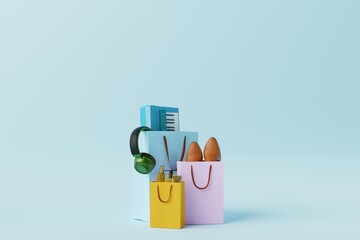 Shopping bags like electronics, shoes, cosmetics. Shopping business concept, internet ordering. Spending money. 3d rendering, 3d illustration.