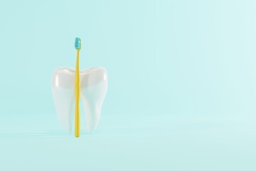 Toothbrush and tooth. Concept of caring for the teeth, checkup at the dentist. 3d render, illustration.