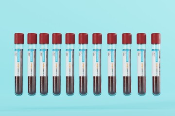 Blood samples for the Coronavirus COVID Test. The concept of the coronavirus pandemic, the new wave of infections. COVID diagnosis. 3D render, 3D illustration.