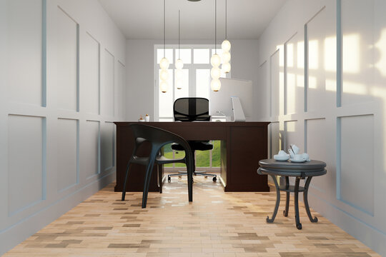 A cozy office with a chair and a desk for applicants with a large window and pastel light color of the walls. Workplace, office concept. 3d rendering, 3d illustration.