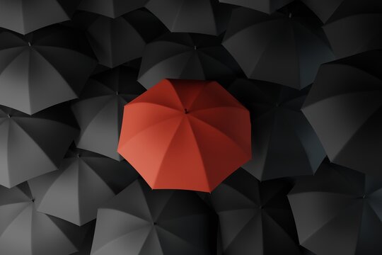 Lots of black umbrellas and one red one that stands out. The concept of differentiation, individuals. 3d rendering, 3d illustration.