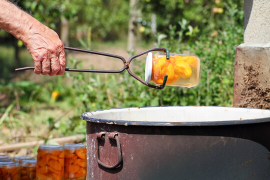 Bare hand holding an old canning jar lifter, drawing a jar with apricot slices out of boiling water in a big rustic pot. Bath canning fruits. Winter supplies preparation concept.