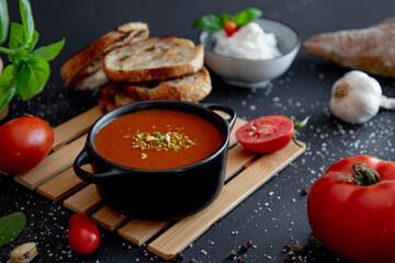 Tomato soup. Vegetable Soup, Tomato, Garlic, Toast, Bread, Onion, Balsamic, Spices, Salt, Lunch, Dinner, Snack, Restaurant, Bar, Cafe, Food Photography