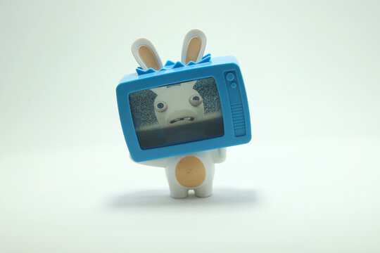 Rabbids invasion. Cartoon. Videogame. Mysterious race of rabbit-like creatures that have come from another planet. Toy. Isolated white. TV. Television.