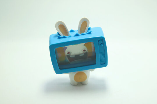 Rabbids invasion. Cartoon. Videogame. Mysterious race of rabbit-like creatures that have come from another planet. Toy. Isolated white. TV. Television.