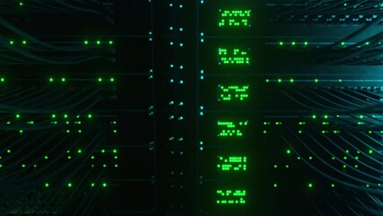 Super computer server racks in datacenter. Concept of big data storage and mining cryptocurrency. Network routers of ISP. Many wires connect to the network interfaces of powerful internet servers