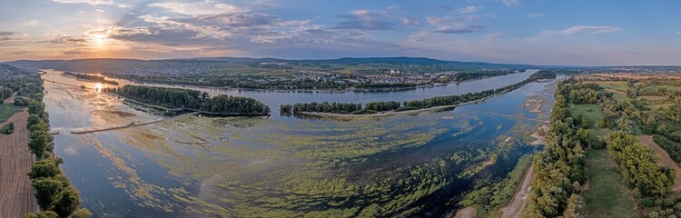 Drone image over the Rhine with record low water level in drought summer 2022