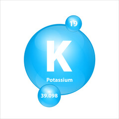 Potassium, Kalium (K) icon structure chemical element round shape circle light blue. Chemical element of periodic table Sign with atomic number. Study in science for education. 3D Illustration vector.
