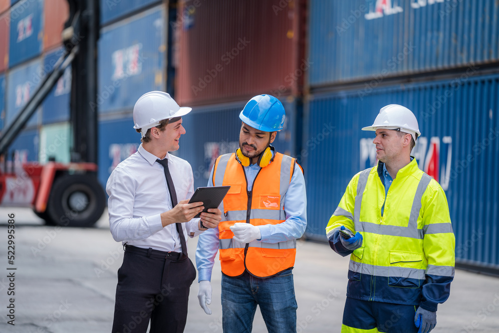 Poster engineer team planning the transportation of goods for import or export in the container yard,logist