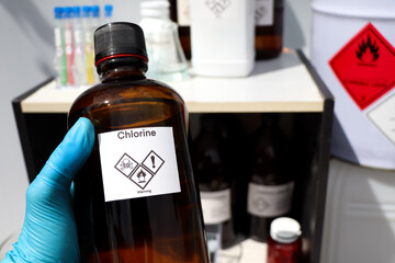 chlorine in bottle, chemical in the laboratory