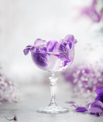 Cocktail champagne glass with purple flowers on light gray table
