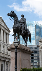 Fototapeta na wymiar London, England: Equestrian statue of the Duke of Wellington, City of London, located at the Royal Exchange in London
