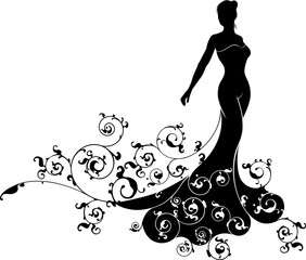 A bride wedding silhouette with the bride in bridal dress gown with an abstract floral pattern concept design