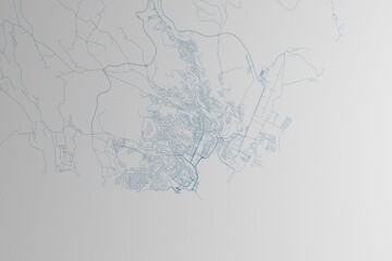 Map of the streets of Praia (Cape Verde) made with blue lines on white paper. 3d render, illustration