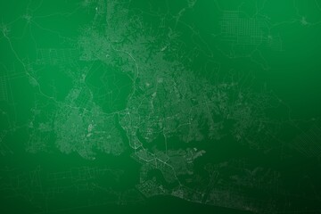 Map of the streets of Abijan (Ivory Coast) made with white lines on abstract green background lit by two lights. Top view. 3d render, illustration