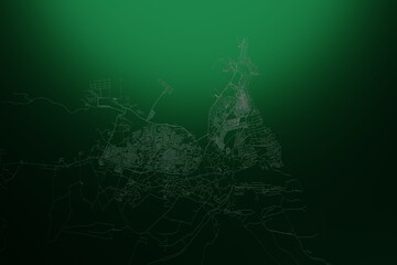 Street map of Djibouti engraved on green metal background. Light is coming from top. 3d render, illustration