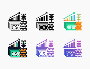 Investment icon set with different styles. Style line, outline, flat, glyph, color, gradient. Editable stroke and pixel perfect. Can be used for digital product, presentation, print design and more.