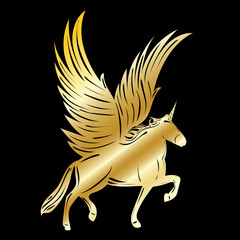 silhouette golden unicorn with wings isolated