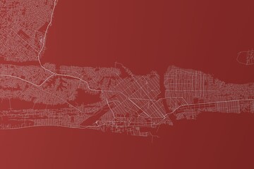 Map of the streets of Cotonou (Benin) made with white lines on red background. Top view. 3d render, illustration