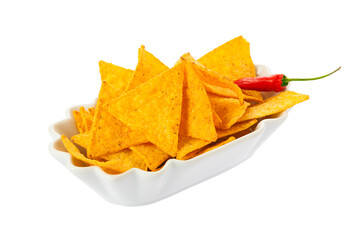 Nachos and hot chili pepper in bowl isolated on transparent background
