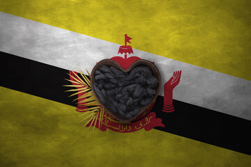 Wooden basket heart form on background of national flag. Photography and marketing digital backdrop. Brunei Darussalam