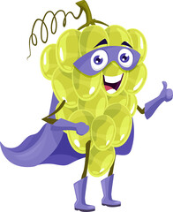 Cartoon funny grapes superhero in cape character