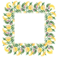 Watercolor frame of lemons on a white background