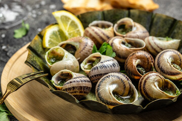 Snails baked with sauce, Bourgogne Escargot Snails. Baked snails with butter and spice. gourmet food. recipe background. Close up