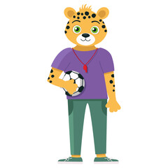 Character jaguar physical education teacher with a soccer ball in his hands. Vector graphic.