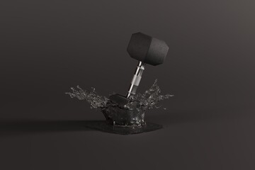 A dumbbell falling into the water with a splash of water. Concept of exercise, hard training. 3D render, 3D illustration.