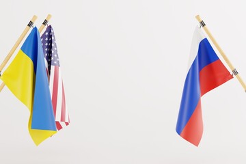 The flag of Ukraine, USA and Russia. The concept of Russia's war and aggression against Ukraine. US aid to Ukraine. 3d render, 3d illustration.