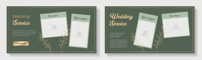 Wedding service banner template set, bride dress store advertisement sign, marriage catering horizontal ad, bridal content marketing post, creative brochure, isolated on background