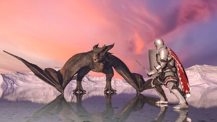 Medieval knight fights a fire-breathing dragon in the background of snowy mountains on a reflective surface of a frozen lake. 3d rendering