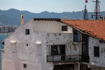 Beautiful narrow streets of the old town. Center of Marmaris. White buildings. European architecture. Lovely narrow streets. Ancient houses.
