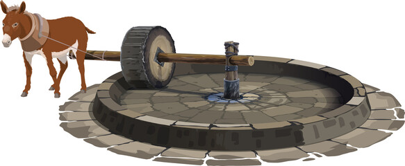 Tequila production stone mill tahona and donkey © Vector Tradition