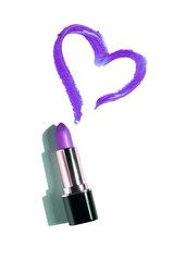 Creative concept valentine photo of cosmetics swatches beauty products lipstick with heart on white background.